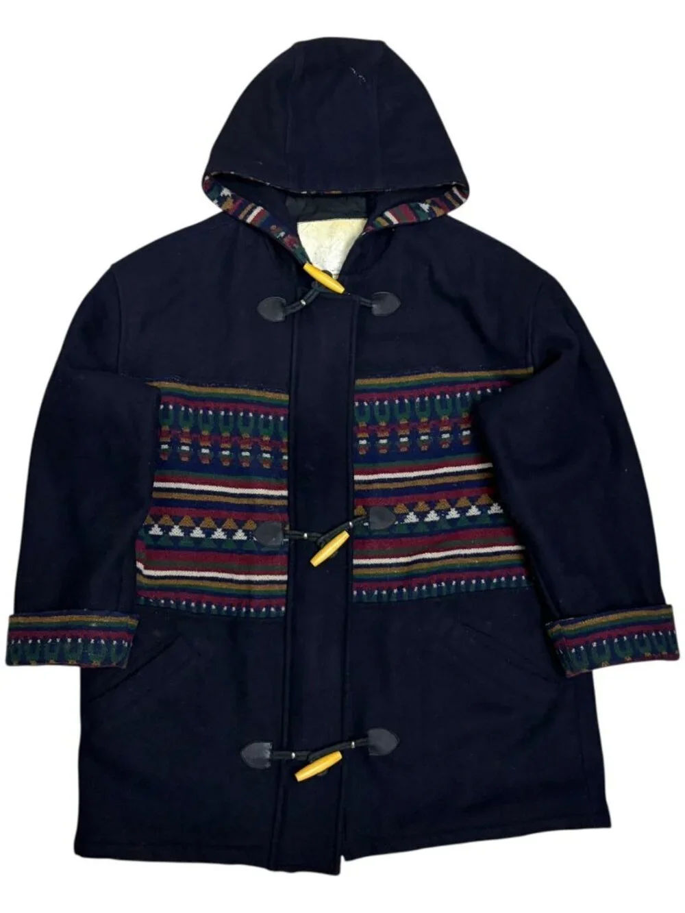 VINTAGE INUIT WOOL Aztec Blue Hooded Retro Winter Pea Coat Womens Medium